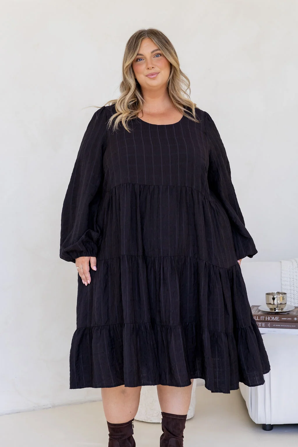 Long Sleeve Greta Midi Dress in Black