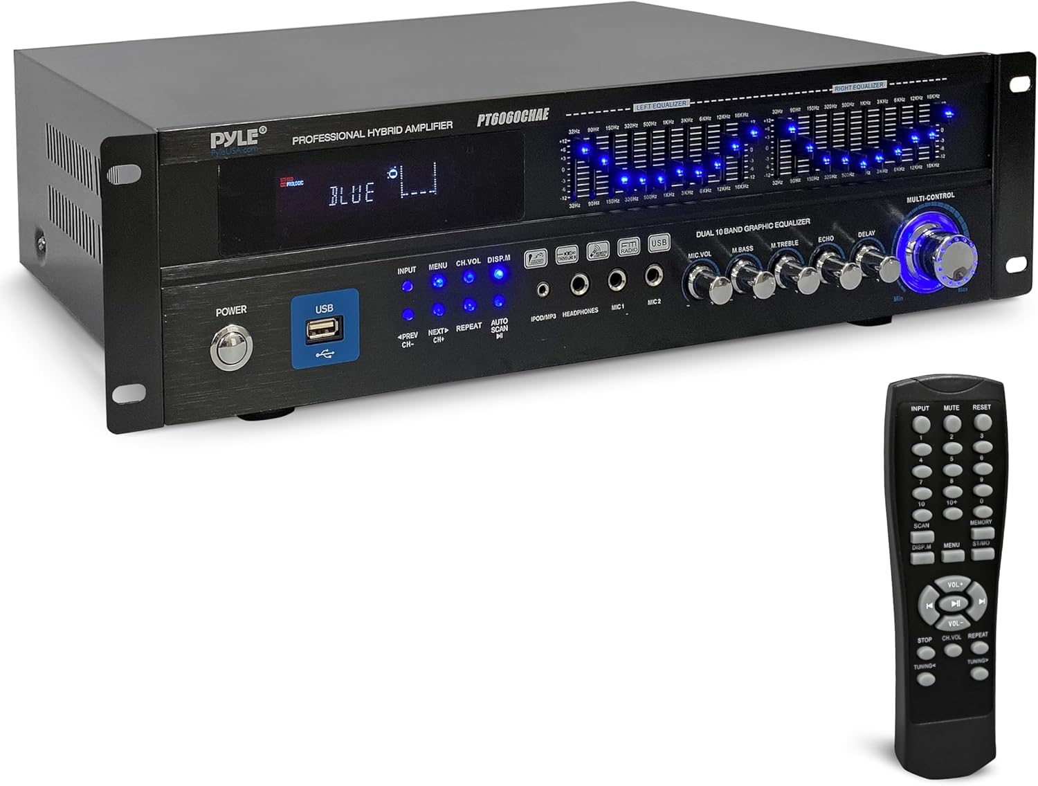 Pyle Bluetooth Hybrid Home Amplifier - 6-Channel 2000W Rack Mount Power Amplifier Receiver w/ Radio - Dual 10 Band EQ  Karaoke Microphone x2  USB  RCA  COAX  OPT  DVD Inputs  HiDef Input and Output