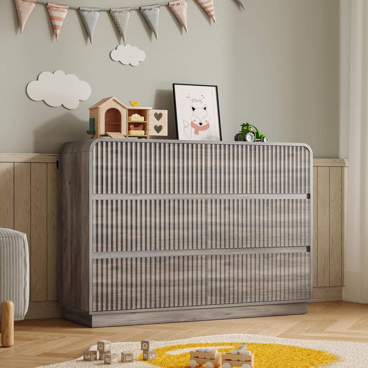 BORNOON Dresser for Bedroom with 6 Drawers, Fluted Chest of Drawers with Round Curved Corner, Hidden Handles, Modern Wood Storage Organizer for Bedroom, Nursery, Living Room