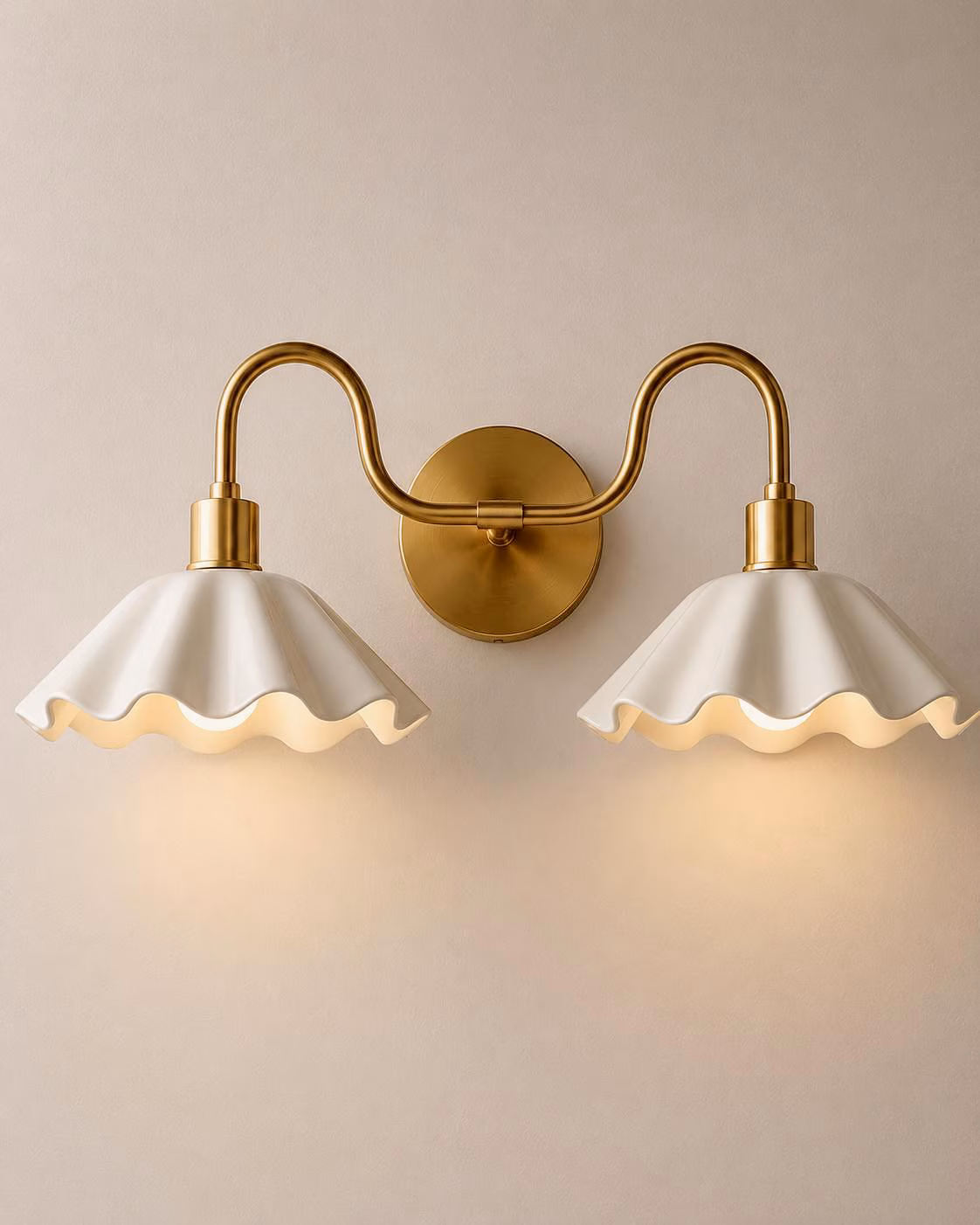 Mid Century Modern Brass Double Sconce, Scalloped White Shade Vanity Light Fixture
