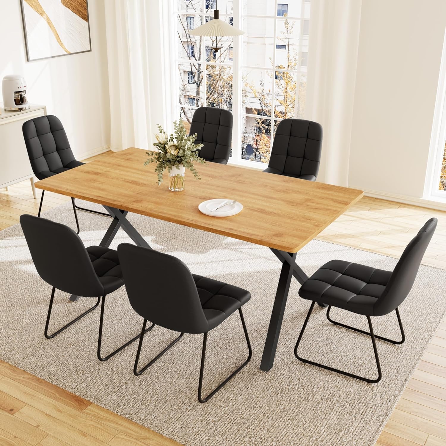 7-Piece Dining Table Set for 6 People, 63 MDF Kitchen Table with 6 Upholstered Chairs, Metal Legs for Dining Room, Kitchen(Oak Table+6 U-Shaped Black Chairs)