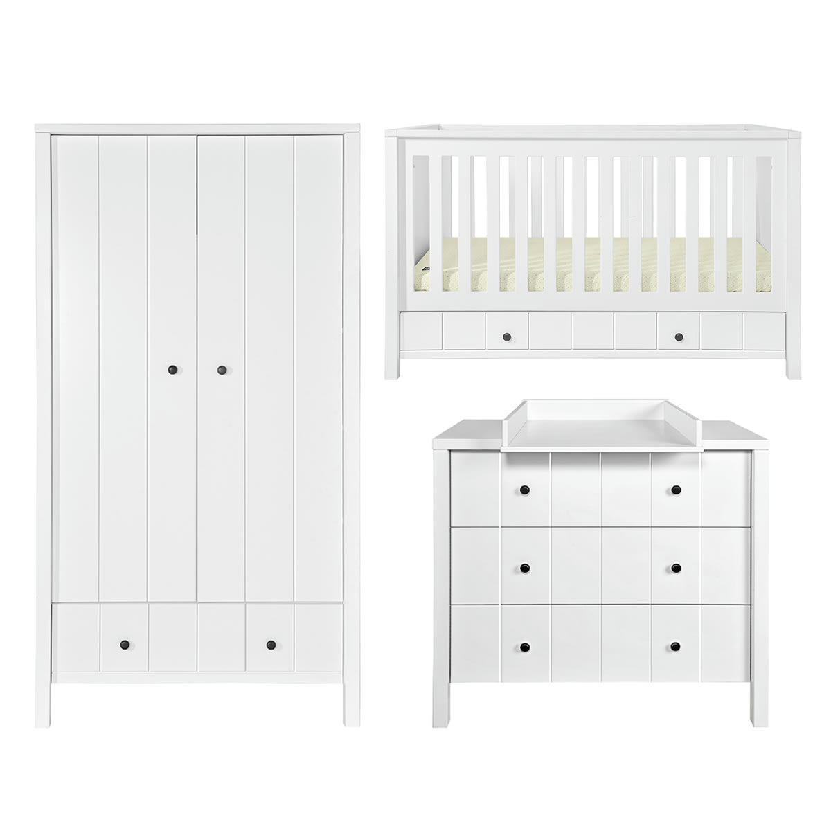 TRIO - ALLPIN - Chambre bébé : Trio - lit évolutif 70x140 commode armoire blanc