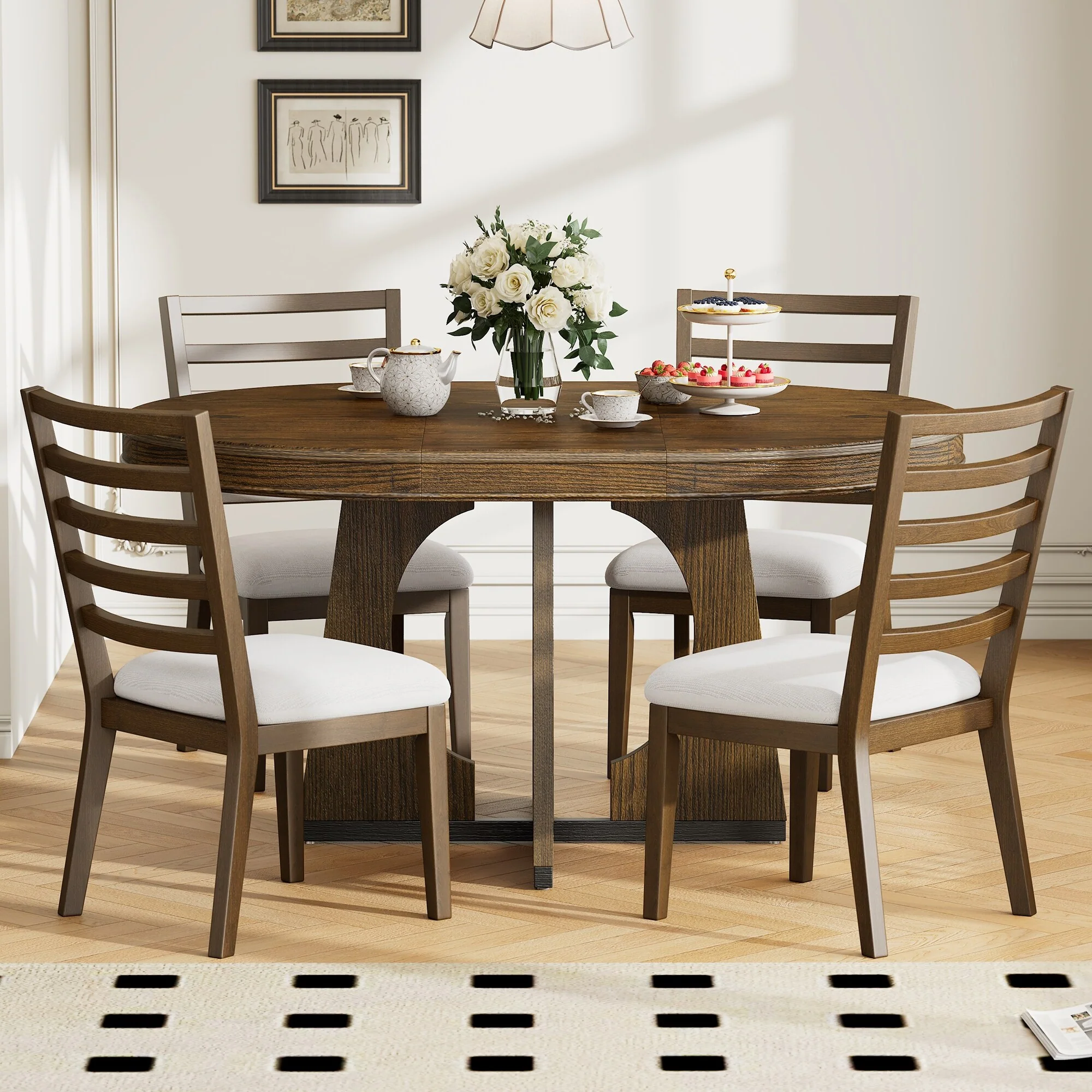 Vintage Style 5-piece Dining Set with Extendable Table and 4 Upholstered Chairs