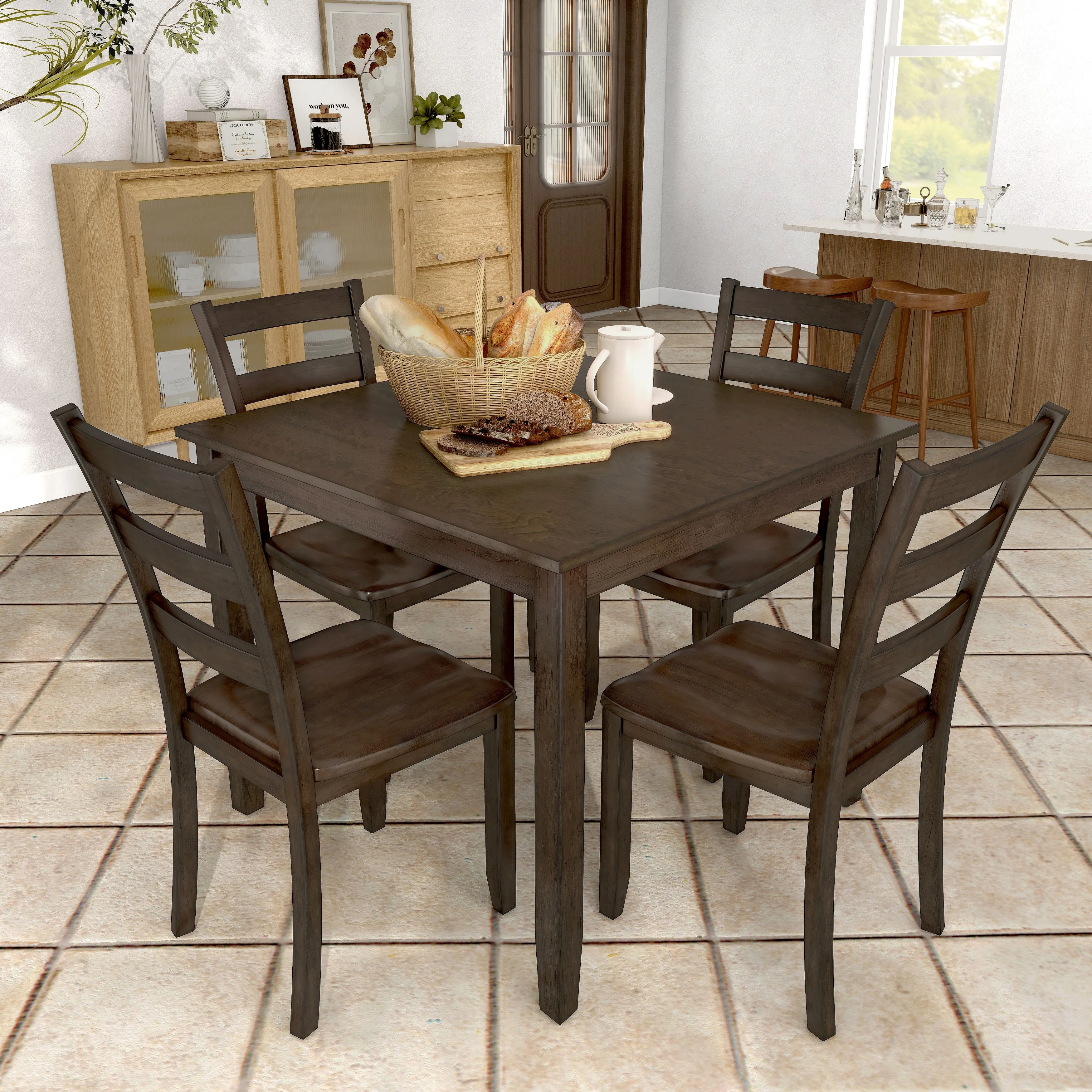 DH Basic Tranditional Solid Wood 5-Piece Dining Table Set by Denhour