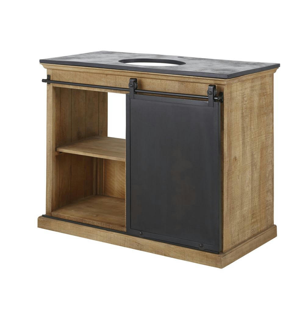 Germain - Meuble vasque 1 porte 3 tiroirs en manguier massif, pierre aspect ardoise et métal patiné et vieilli