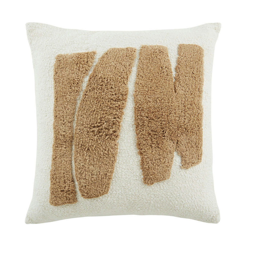 PULLY - Coussin en coton recyclé écru motif tufté marron 45x45