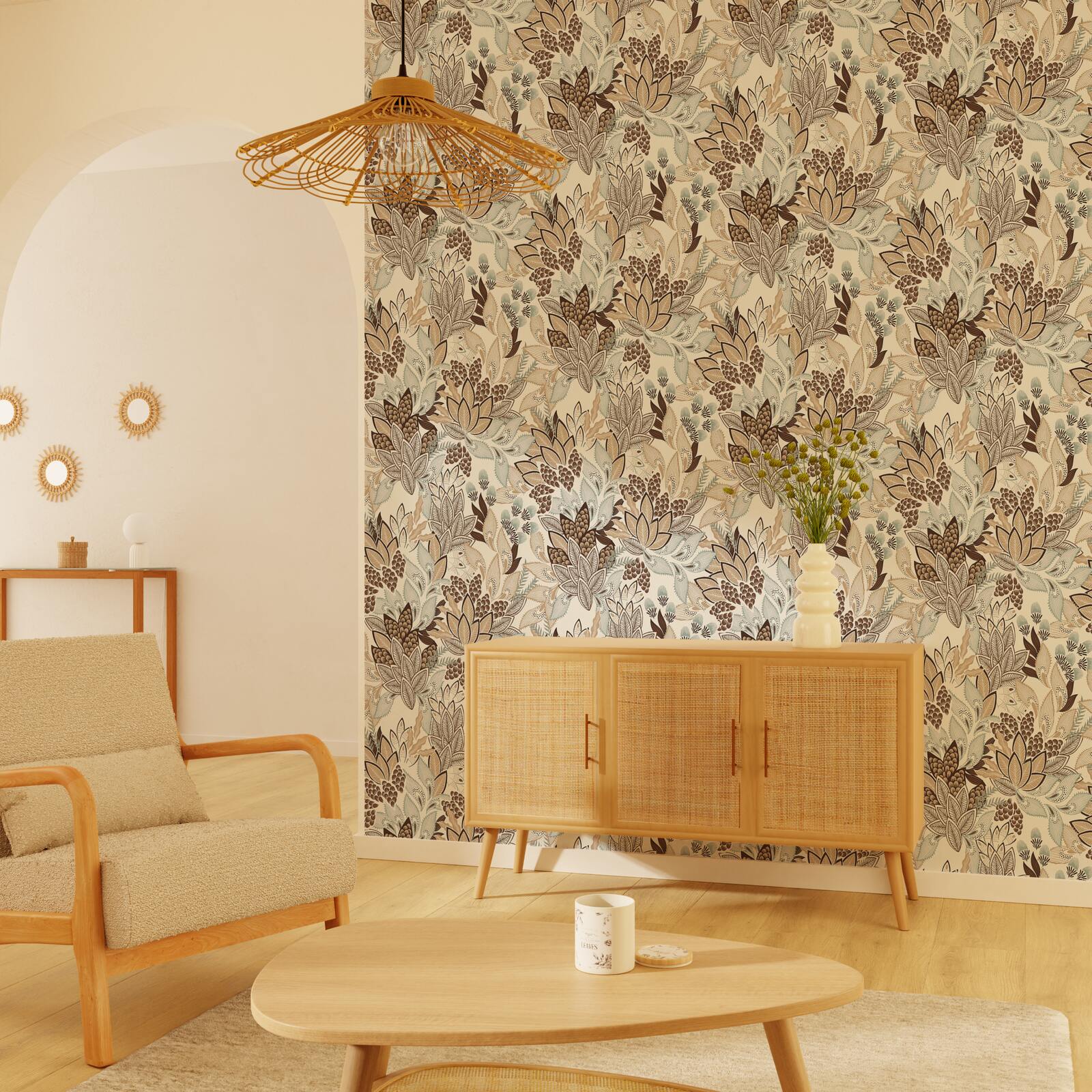 Papier peint intissé PALMYRA beige rosé, marron et bleu grisé