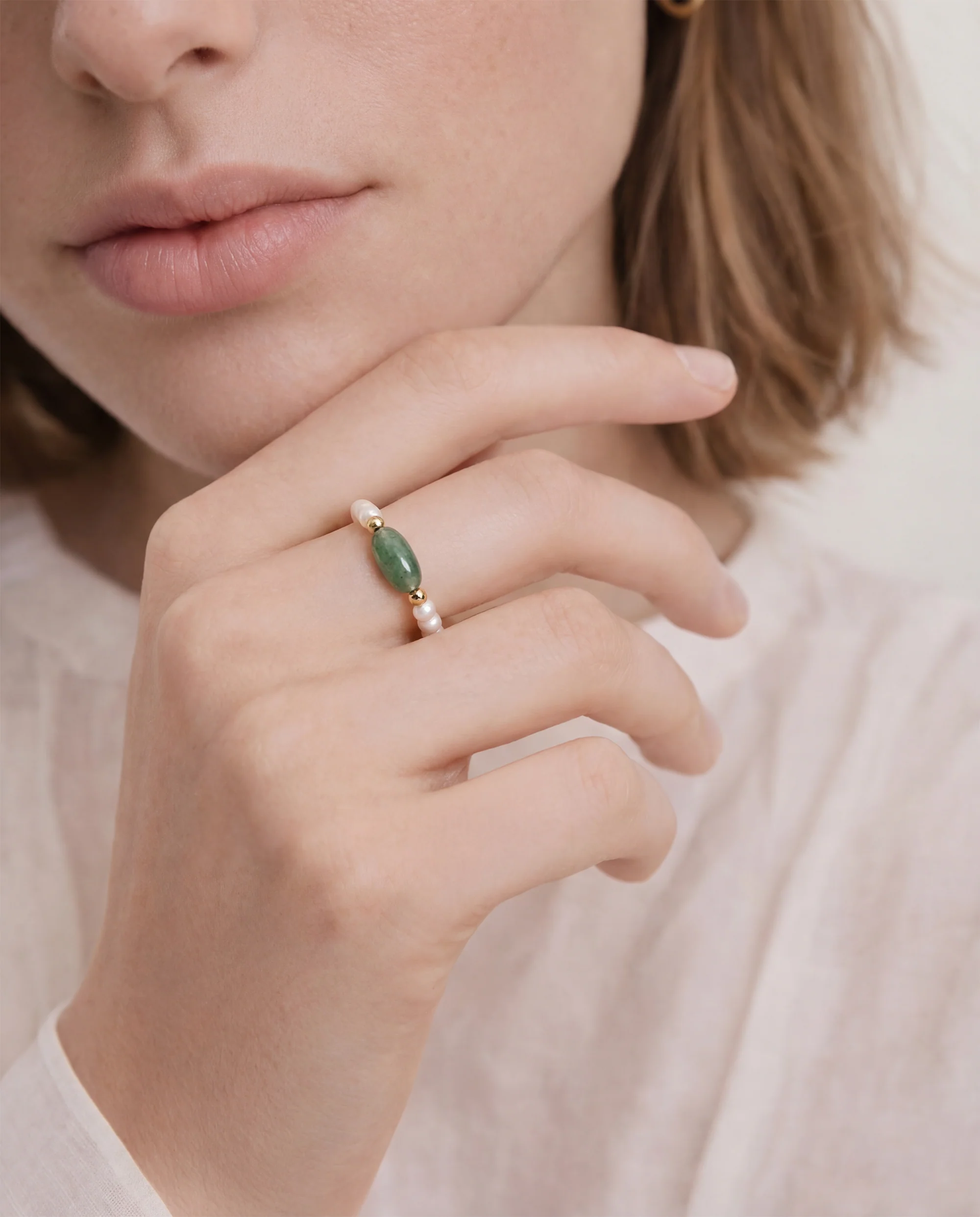 Isa — Jade and Beaded Pearl Stretch Ring