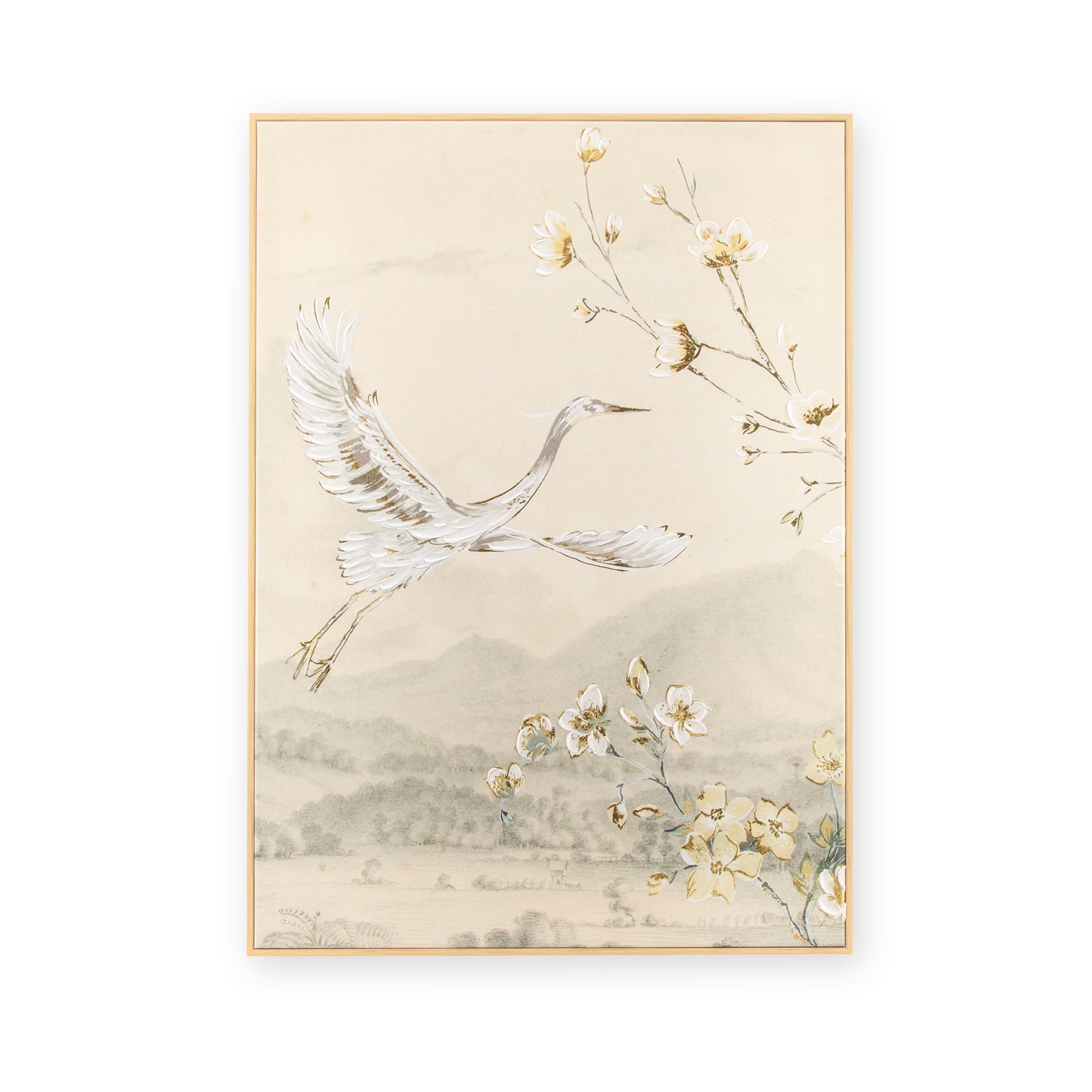 Art for the Home Canvas met handgeschilderde details - Crane with blossom - 70x50cm - Beige