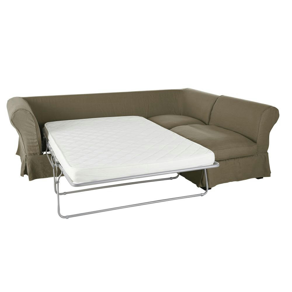 Roma - Housse de canapé d'angle convertible en lin froissé vert kaki