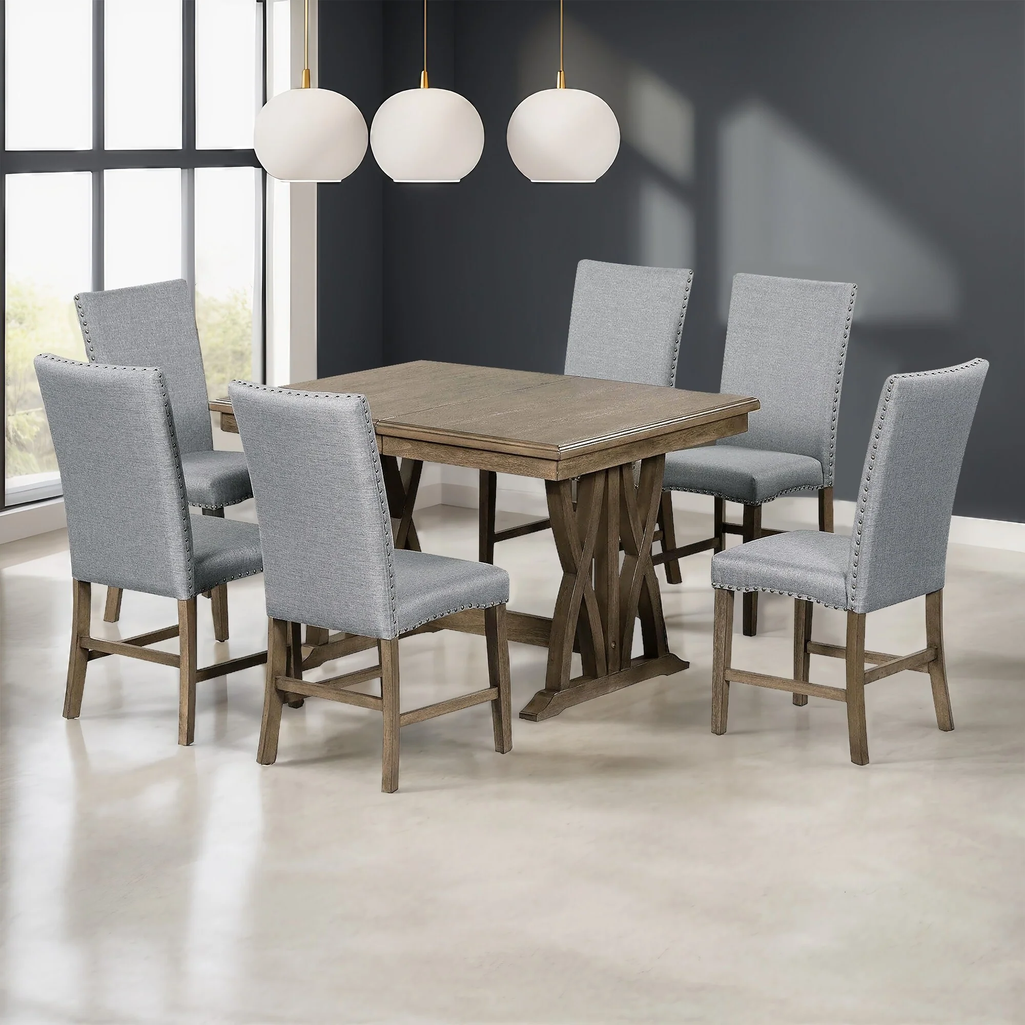 Roomfitters Mid-Century 7-Piece Extendable Wood Dining Table Set with Upholstered Chairs and 12 Leaf, Gray