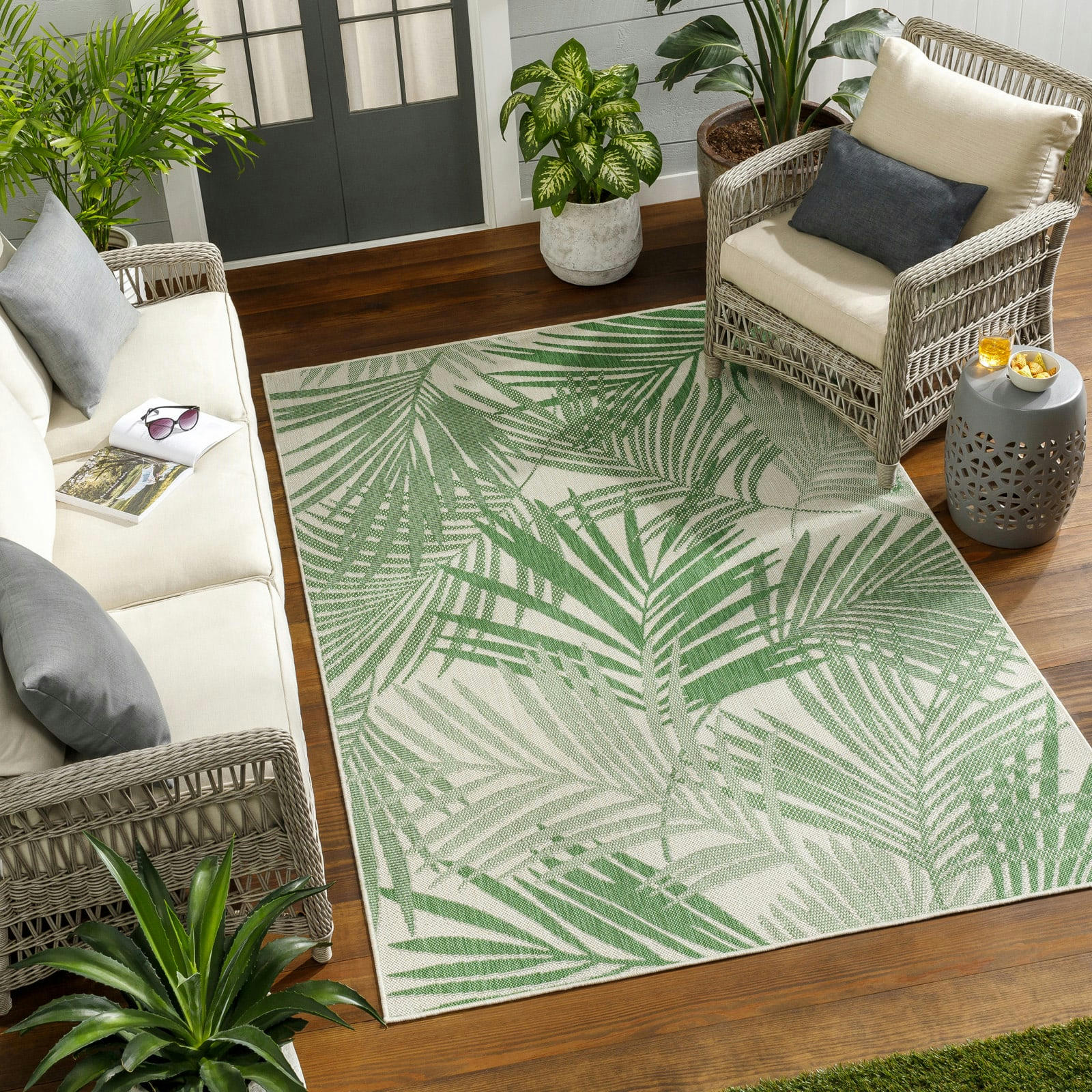 LENNIE - Tapis d'Extérieur/Intérieur Vert/Ivoire 120x170