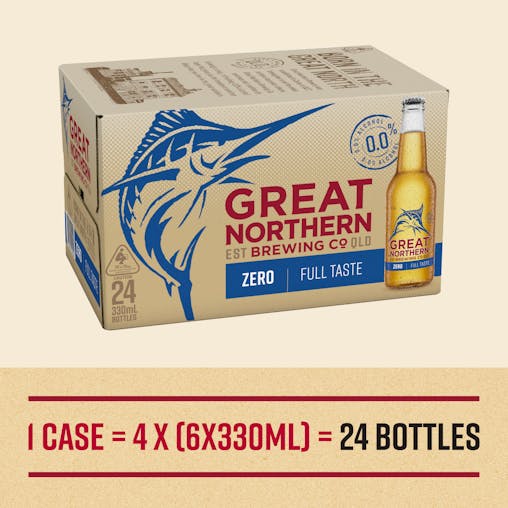 Great Northern Zero, Non-Alcoholic Beer, Crisp & Clean Finish, 0% ABV, 330mL (Case of 24 Bottles)