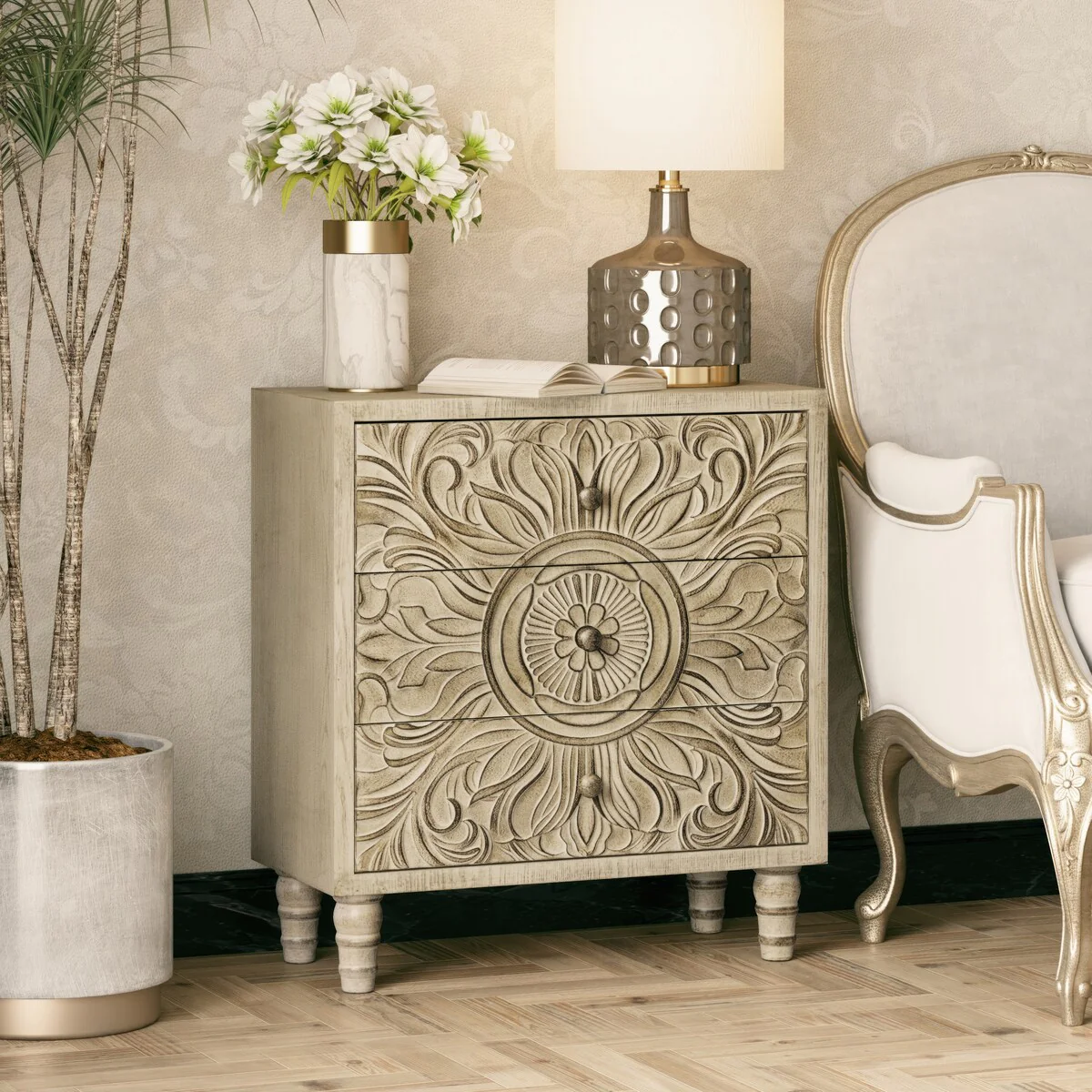 COZAYH Farmhouse 3 Drawer Nightstand with Craft Flower Motif Front, Distressed Boho Chest, French Country, Weathered White