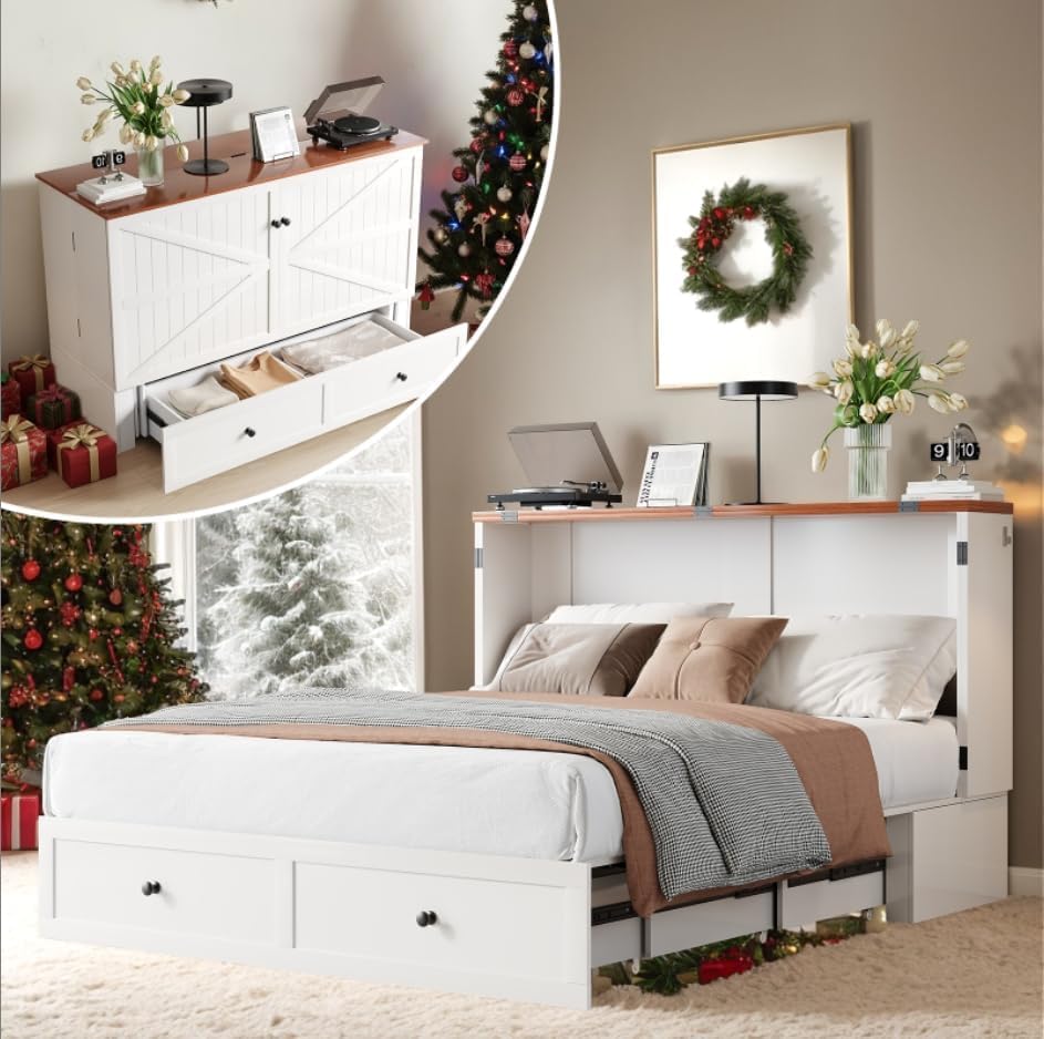 ijuicy Queen Murphy Bed with Mattress Included, Farmhouse Cabinet Bed with Storage Drawer & Charging Station, Foldable Space-Saving Murphy Beds for Guest Bedroom, Living Room (White & Brown)