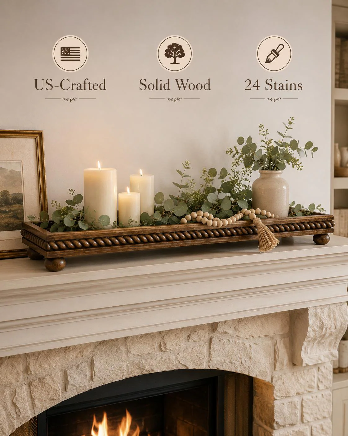 Mantel Tray | Above Fireplace Mantel Decor | Primitive Mantel Centerpiece | Mantel Riser | Seasonal Mantel Display | Summer Mantel Wood
