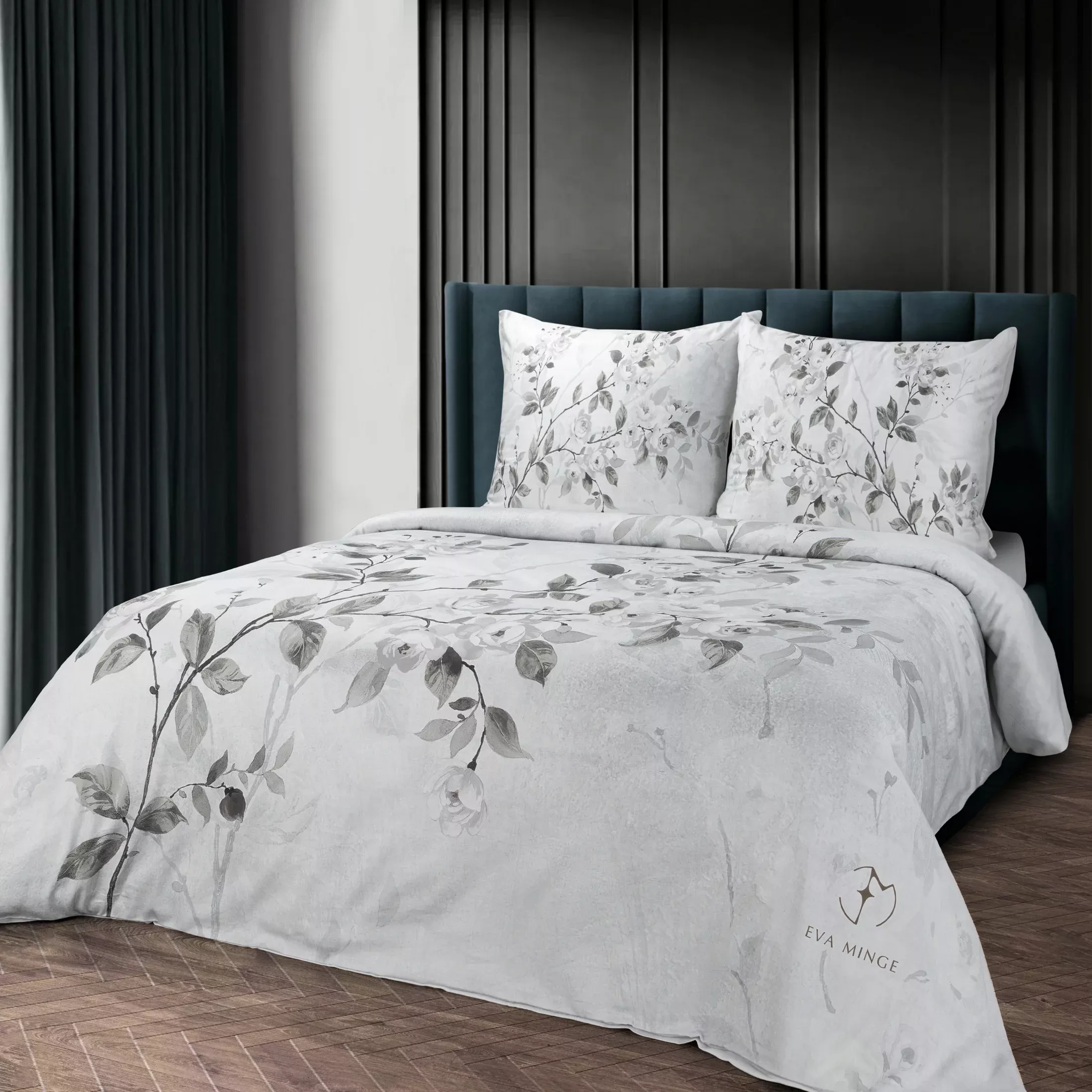 Pościel bawełniana z makosatyny 160x200 cm komplet 3 częściowy kolor  jasnoszary z designerskim roślinnym nadrukiem  ELIZA Eva Minge
