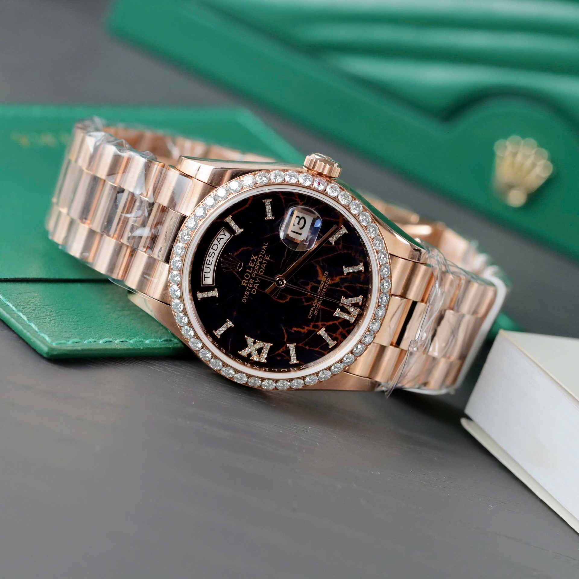 Rolex Day-Date RG Plated Eisenkiesel Dial With Diamonds 36mm Super Clone