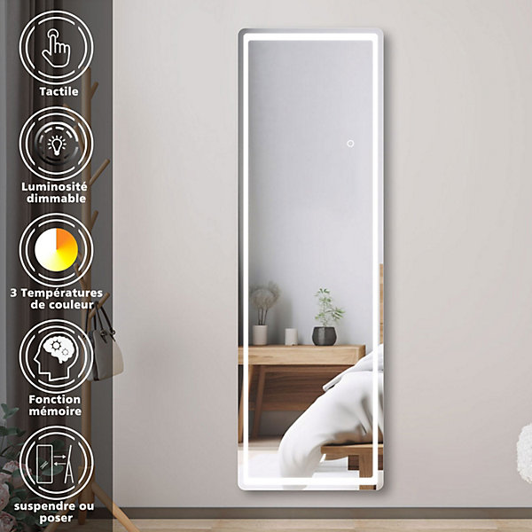 Miroir sur pied LED 40 x 160 cm (L x H), gradation infinie   3 couleurs   fonction mémoire miroir pleine longueur, AICA SANITAIRE
