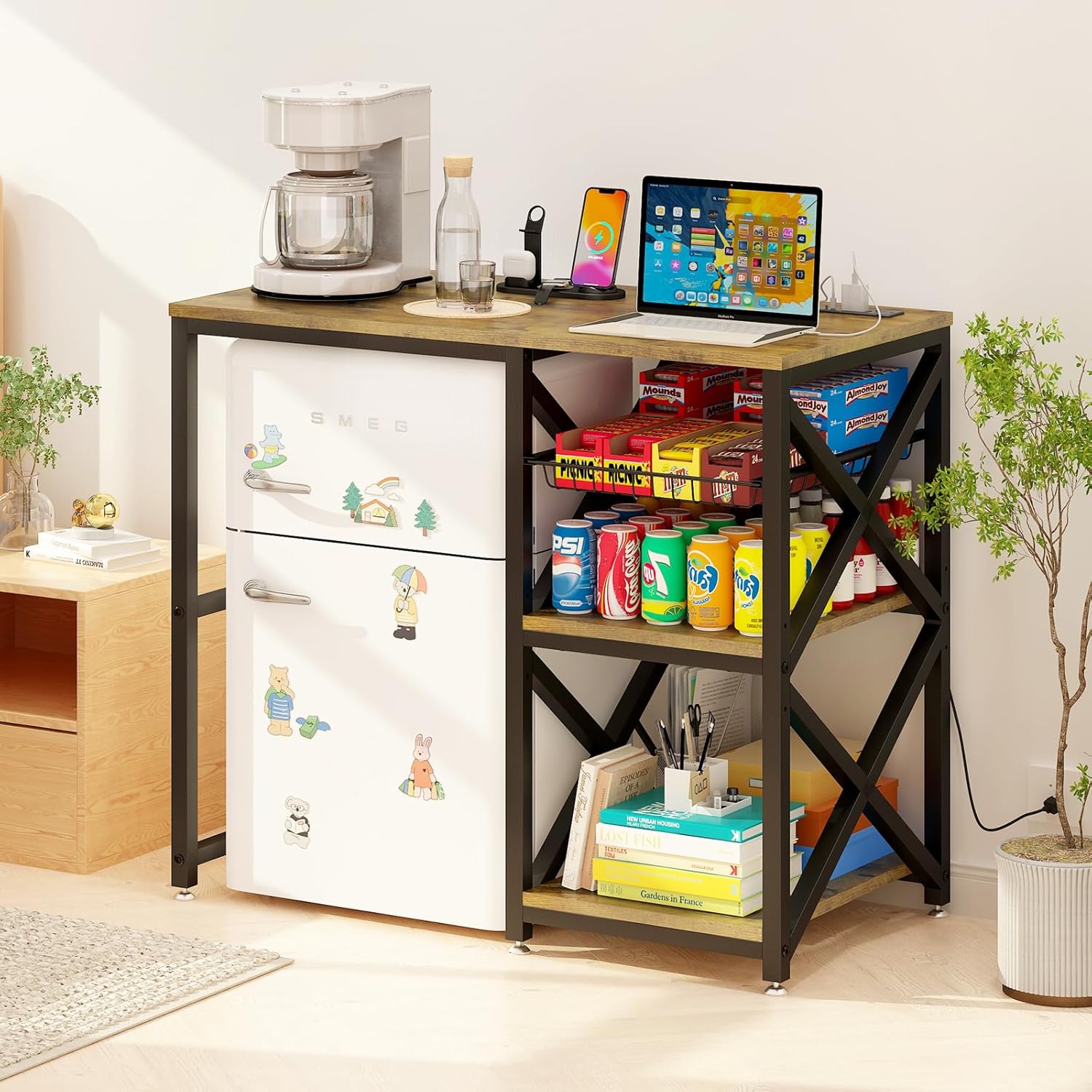 METYERRY Kitchen Bakers Rack with Power Outlet,Mini Fridge Cabinet with Mesh Basket, Mini Fridge and Microwave Table with Storage for Office,Kitchen,Living Room,Coffee Bar,Patio,Brown