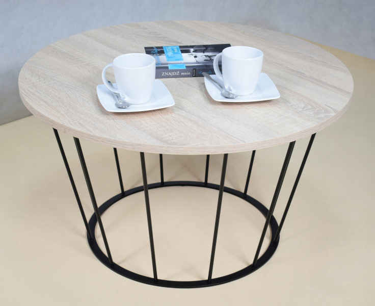 Okrągły Stoliczek Kawowy Z Drutu Loft 75x75x43 Czarny Blat Dąb Sonoma