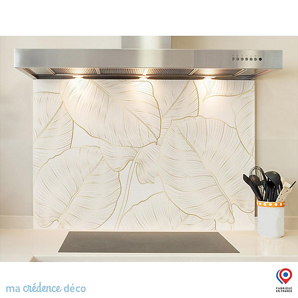 Crédence cuisine fond de hotte feuilles philodendron dorés blanc - Verre trempé - L 90 cm x H 70 cm - MaCrédenceDéco