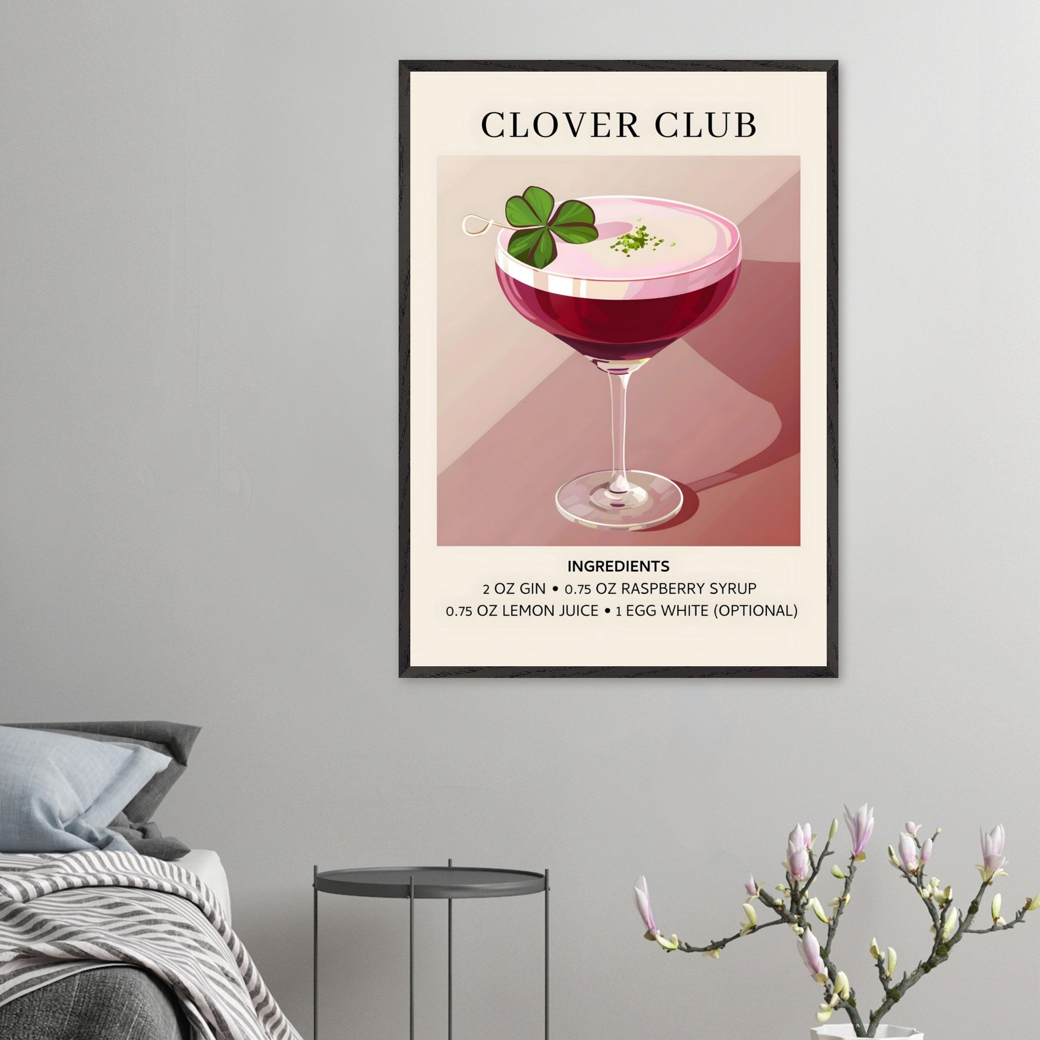 Artfulprints Poster Clover Club cocktail - Ingrediënten  - 70x100 cm - Roze
