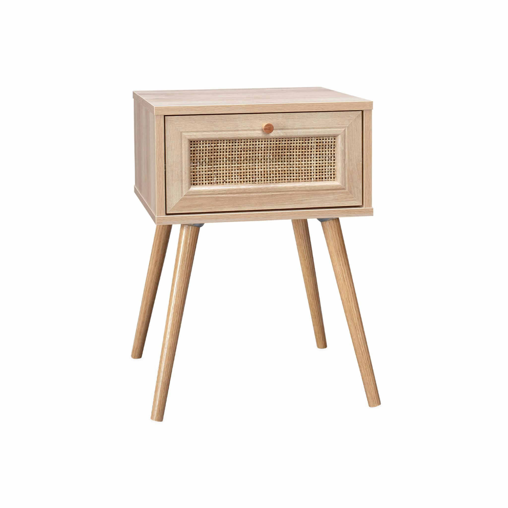 BOHÈME - Table de chevet effet bois et cannage, 1 tiroir