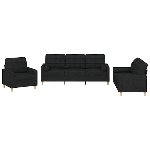 NNEVL 3 Piece Sofa Set with Pillows Black Fabric