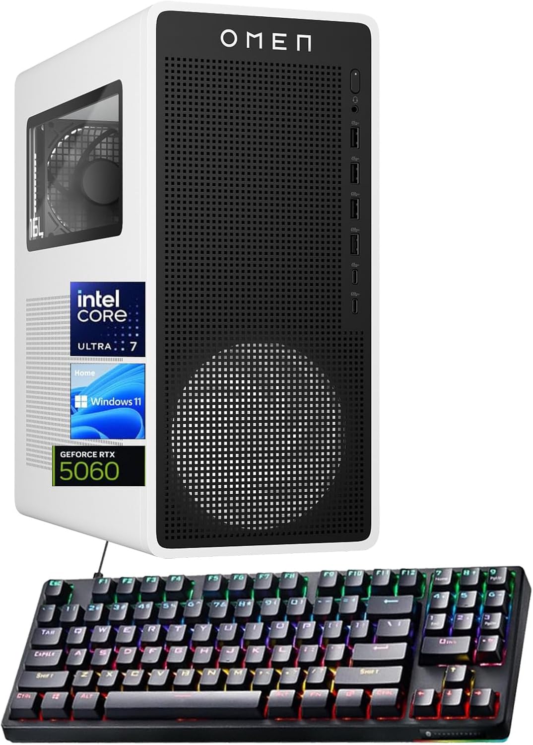 HP Omen 16L TG03 Gaming Desktop PC  Intel Ultra 7 265F  RTX 5060 GPU  32GB DDR5 RAM  1TB NVMe SSD  OMEN Hub  Thunderobot Gaming Keyboard Bundle  Black