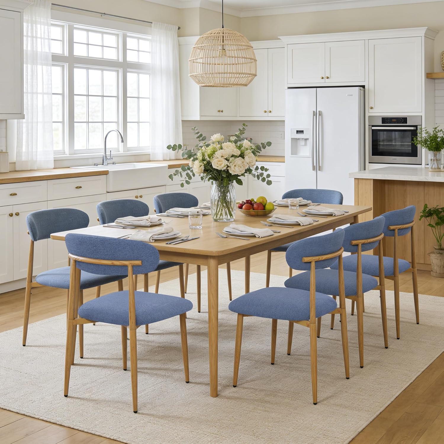 FREKEN Modern Upholstered Dining Chairs Set of 8, Mid-Century Metal Frame with Wood Grain, Linen Fabric Side Chair for Kitchen Dining Room, 350lbs Capacity, Blue
