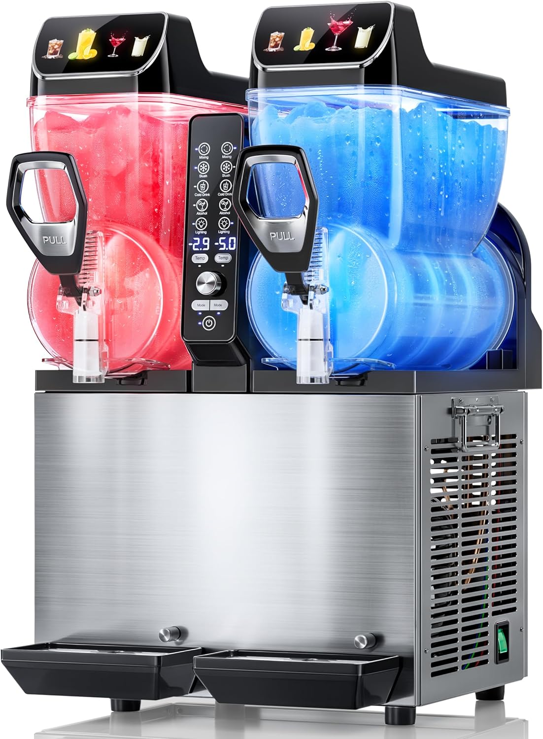 30L Commercial Slushie Machine, 2-Tank Frozen Drink Maker for Margarita Daiquiri Wine Frappe, 8 Gal LED Stand-up Slush Dispenser, Bar Restaurant Party, 1000W Fast Cool, Auto Clean, ETL Listed