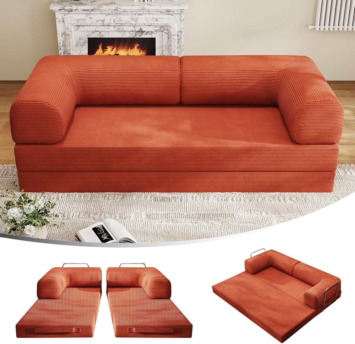 Folding Sofa Bed, Convertible Sleeper Couch, 78 Inch Oversized Corduroy Upholstered Boneless Couch, Loveseat Sleeper with Pull Out Bed, Floor Sofa Modular Futon Couch for Living Room Bedroom