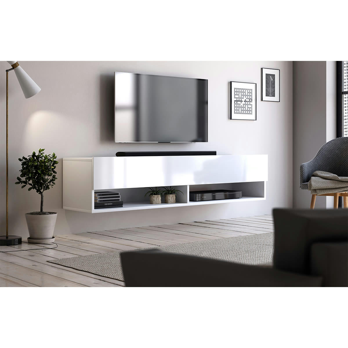 DERBY 140 - Meuble tv mural 1 porte 140 cm blanc