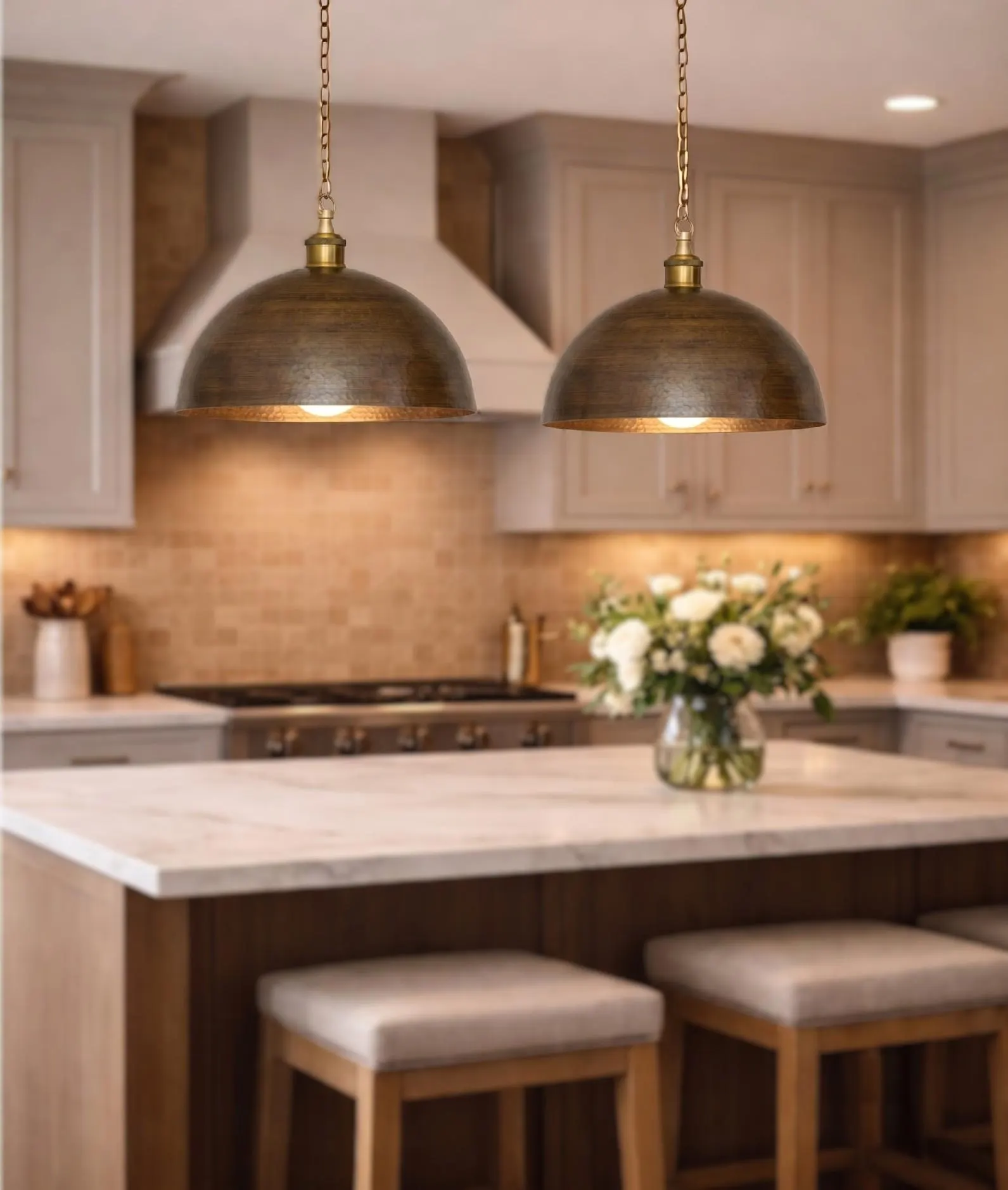 Brass Dome Pendant Light, Soft Hammered Antique Bronze Kitchen Island Lighting