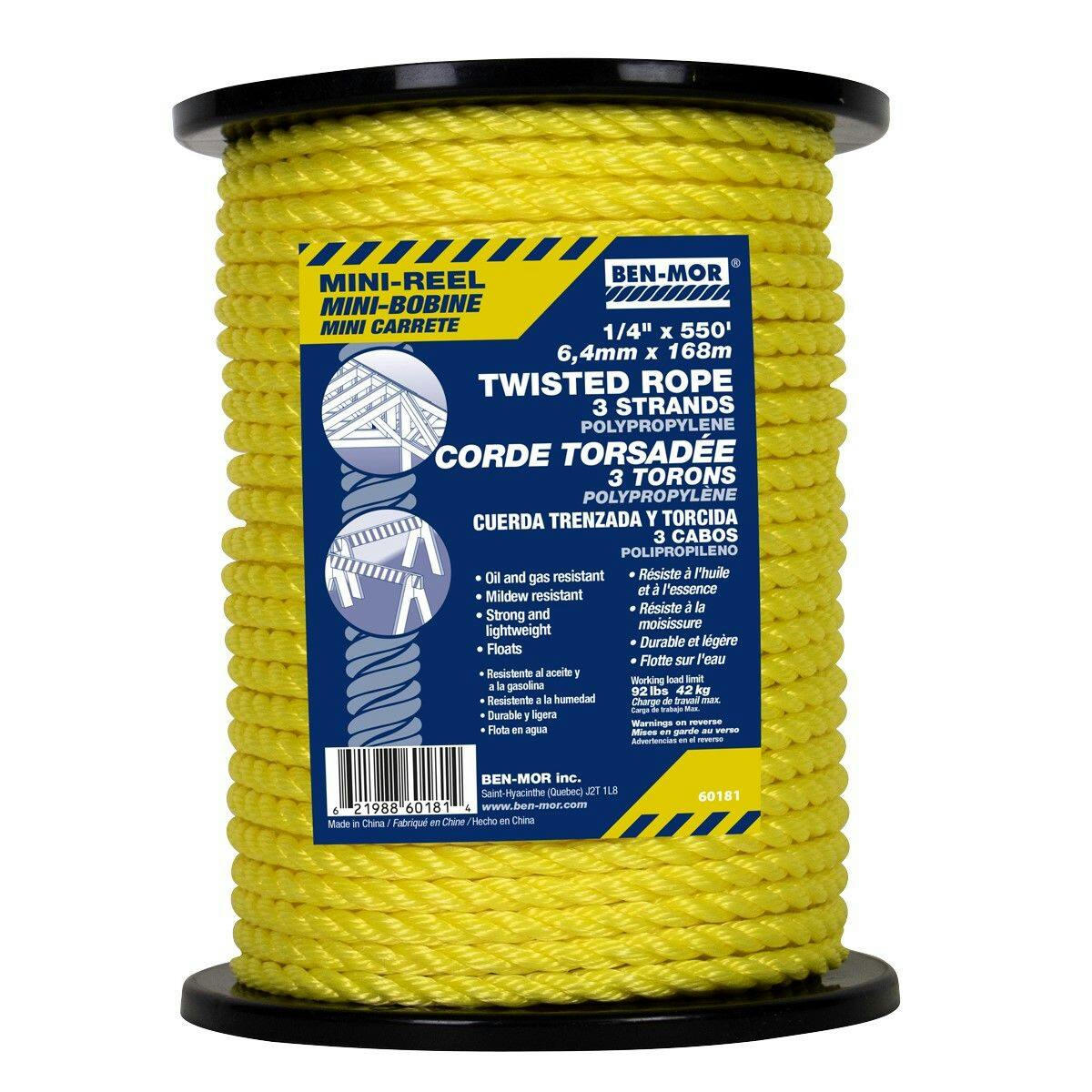 Ben-Mor Polypropylene Twisted Rope, 3 Strands, Yellow, 1/4-in x 550-ft