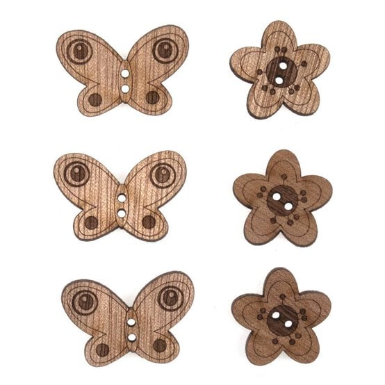 Trimits Wooden Butterfly and Flower Buttons 6 Pieces