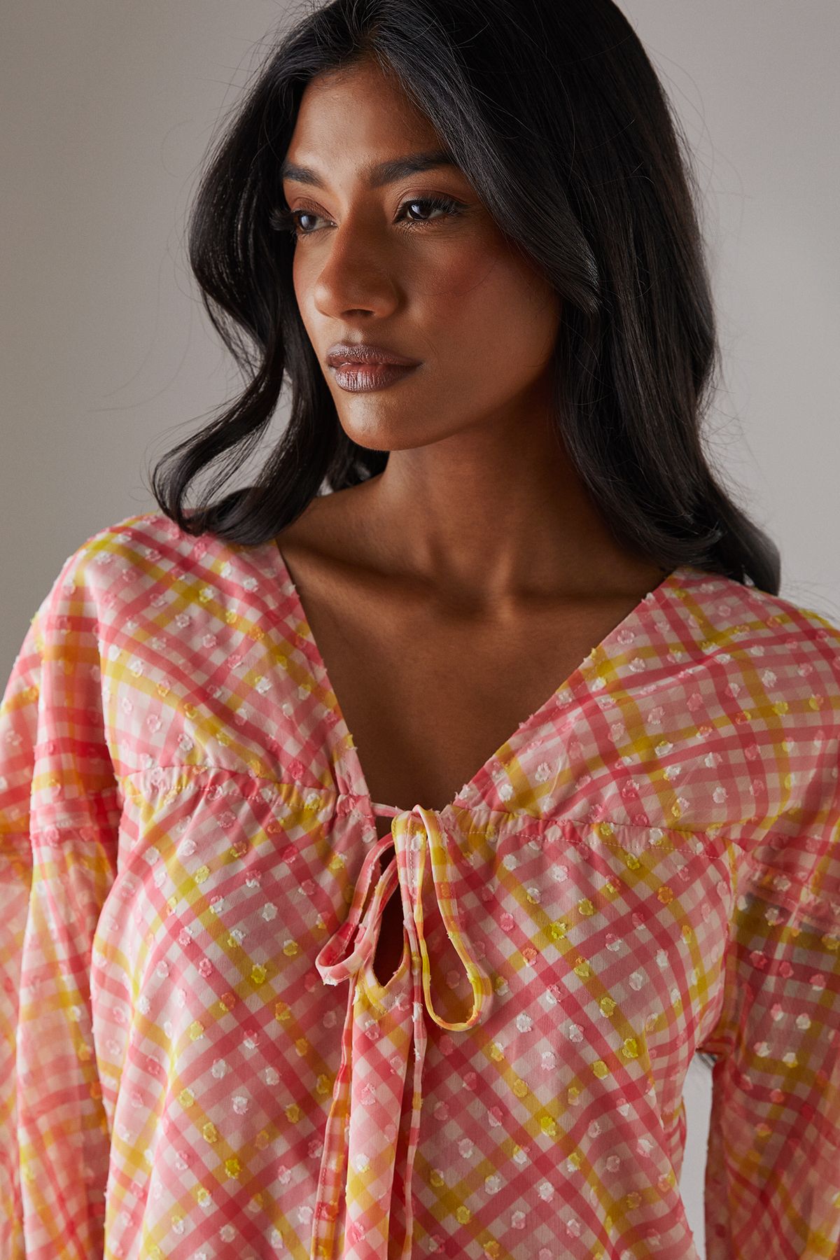 Warehouse Dobby Chiffon Volume Sleeve Smock Mini Dress