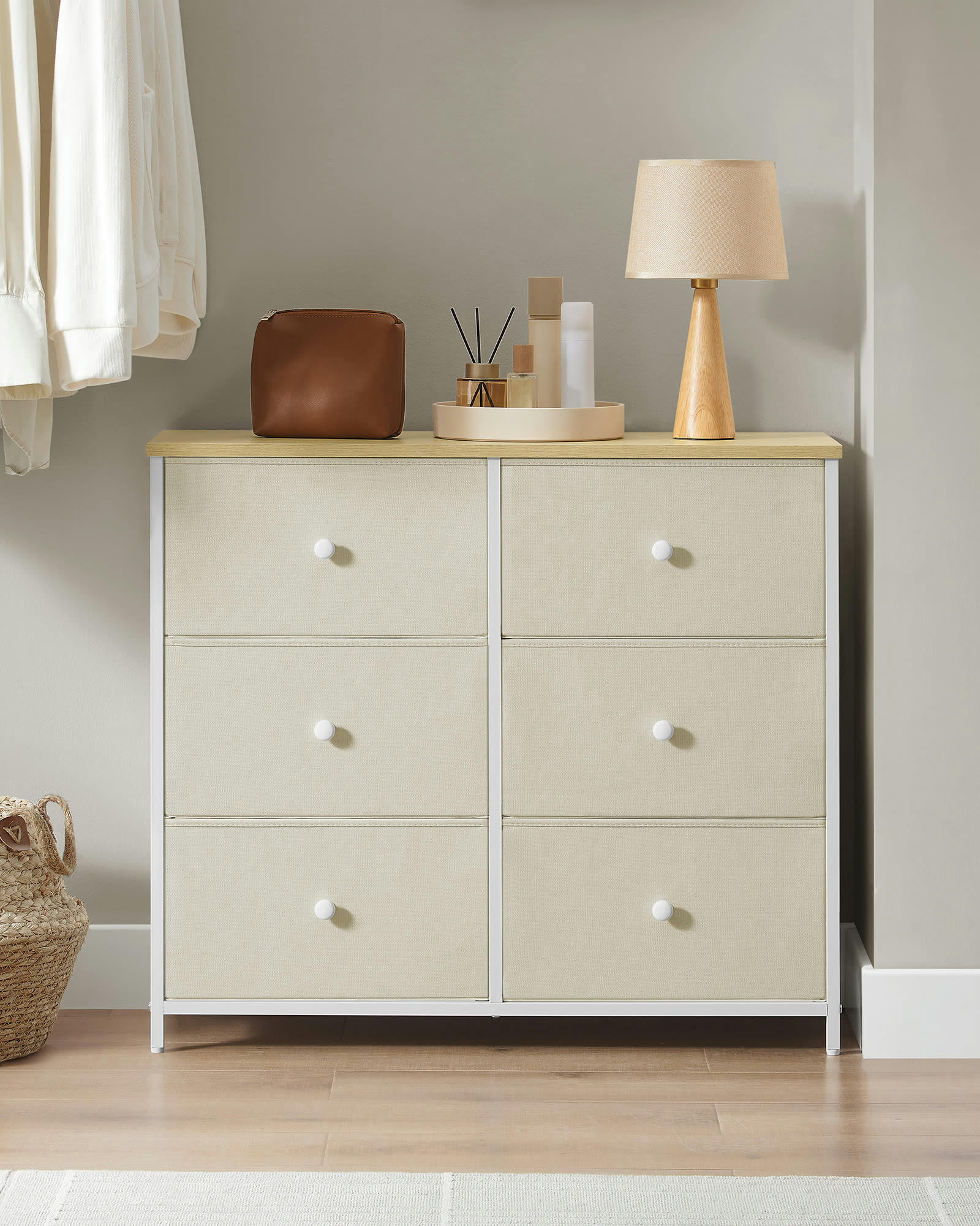 - Commode 6 tiroirs en tissu effet bois blanc crème