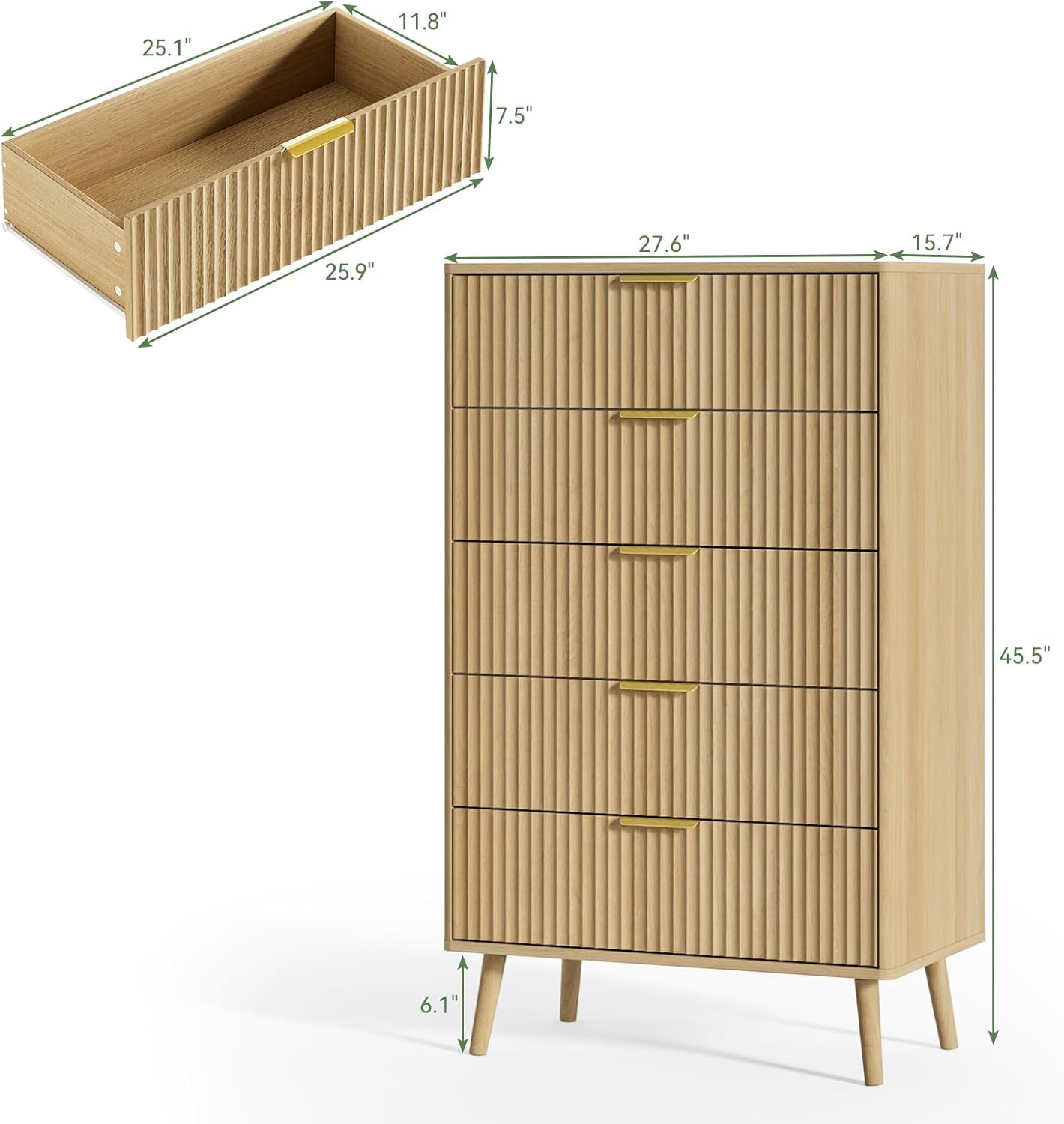 LYNSOM Fluted 5 Drawers Dresser, 45 Tall Modern Chest of Drawers with Curved Profile Design and Metal Handle, Wood Drawer Organizer for Bedroom, Living Room, Hallway, Entryway, Oak