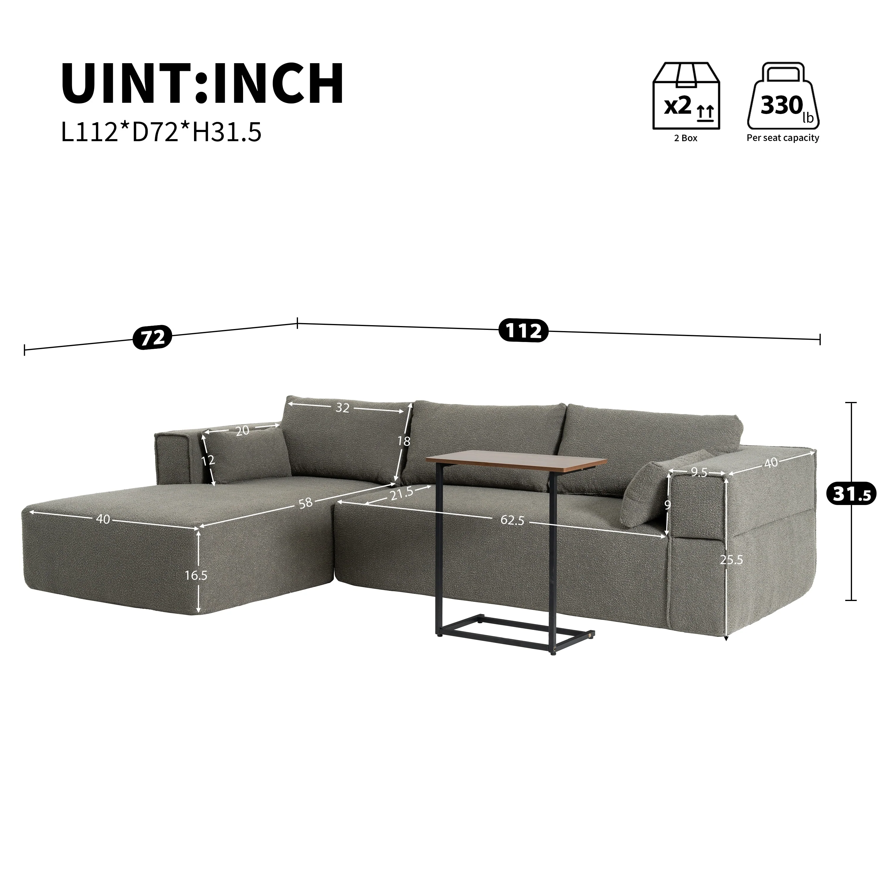 112 Boucle Modular Sectional Sofa with Free Side Table