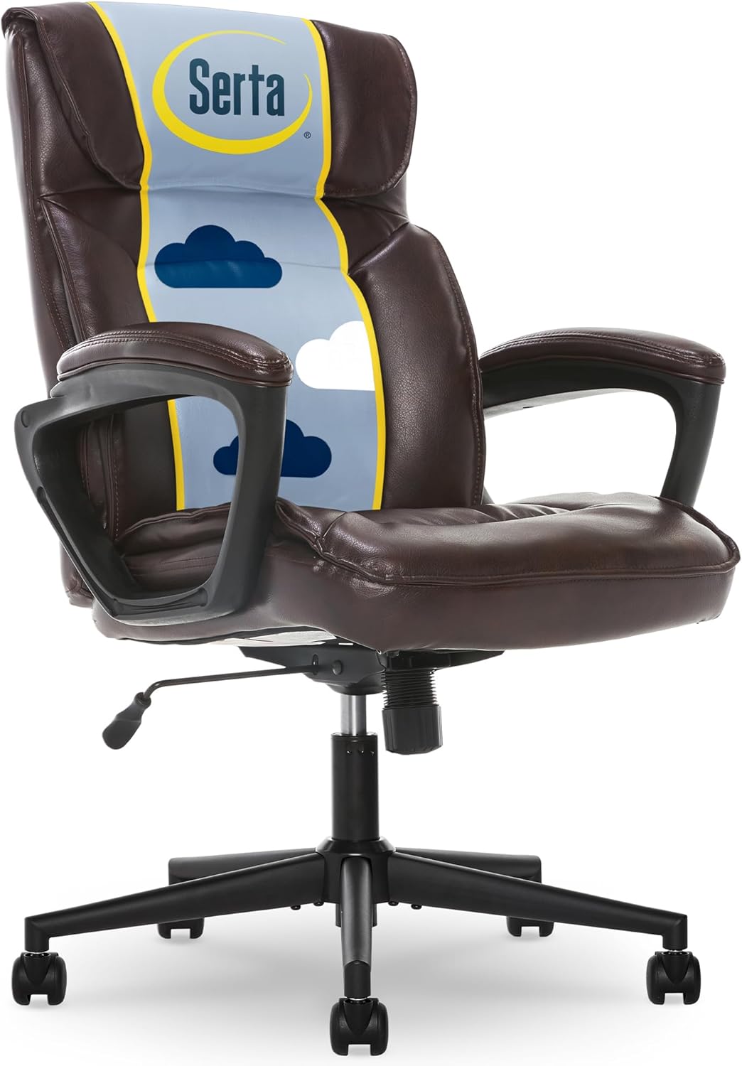 Serta® Hannah Executive Home Office Desk Chair, Ergonomic Mid-Back with Lumbar Support, Firm Seat Cushion, Layered Body Pillows, Padded Armrests, Swivel Base, Easy Assembly, Bonded Leather, Brown