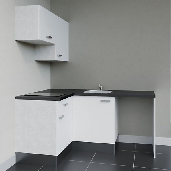 Kitchenette KA02 - 128 cm - Façades : Blanc - Plan de travail : Noir texturé - Crédences : Non - Evier