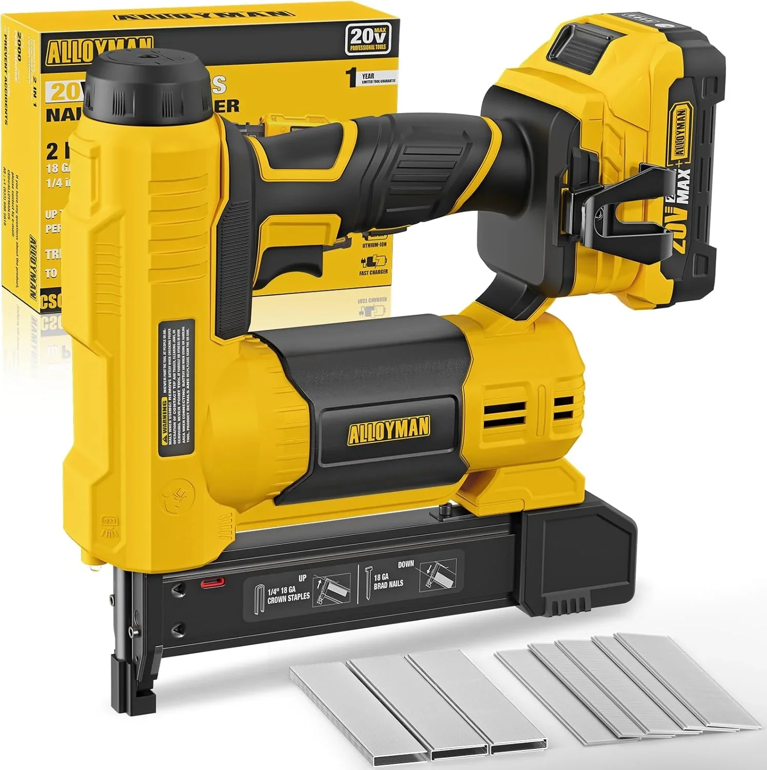 Alloyman 18 Gauge Nail Gun Battery Powered, 2 in 1 Cordless Brad Nailer/Electric Stapler with 2.0Ah Battery and Charger,1000pcs Nails and 500pcs Staples Included for Home Improvement  Woodworking(Yellow-2)