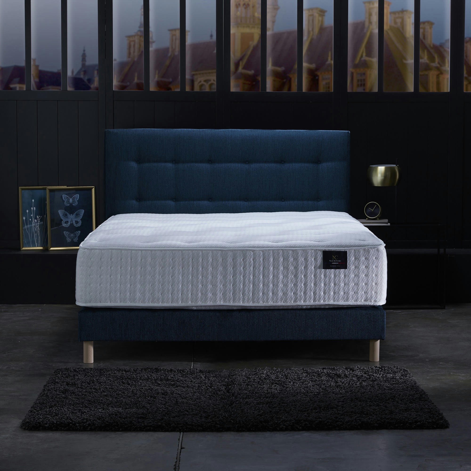 HELIOS - Ensemble + sommier Bleu marine 140x190