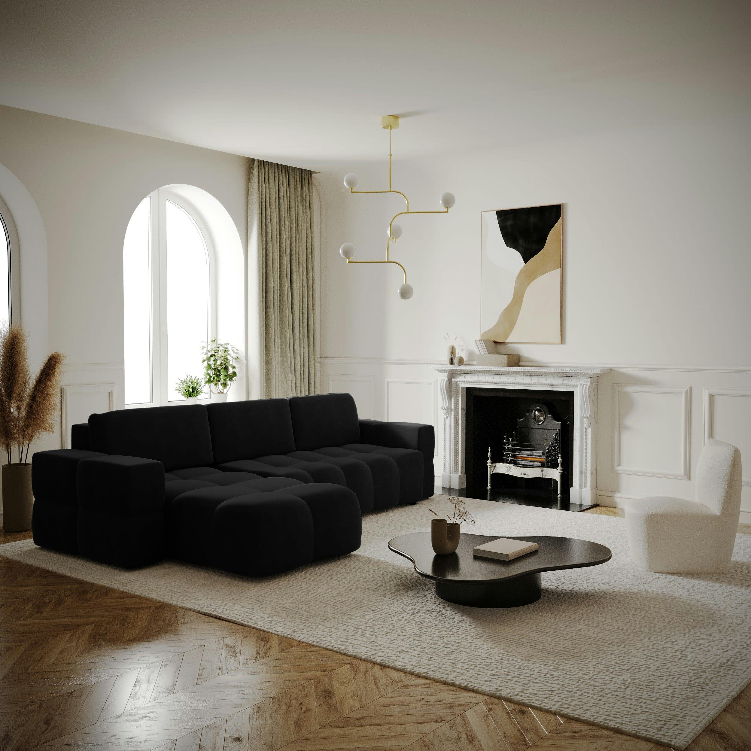 GABRIEL - Canapé d'angle gauche convertible coffre velours noir 260x180cm