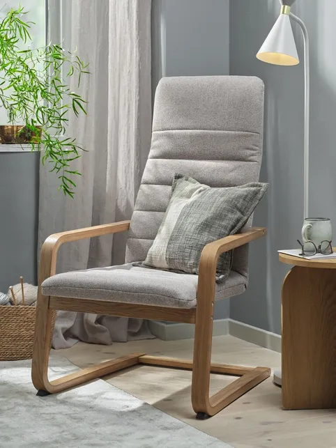 Lænestol KUNDBY beige stof/natur egefarve