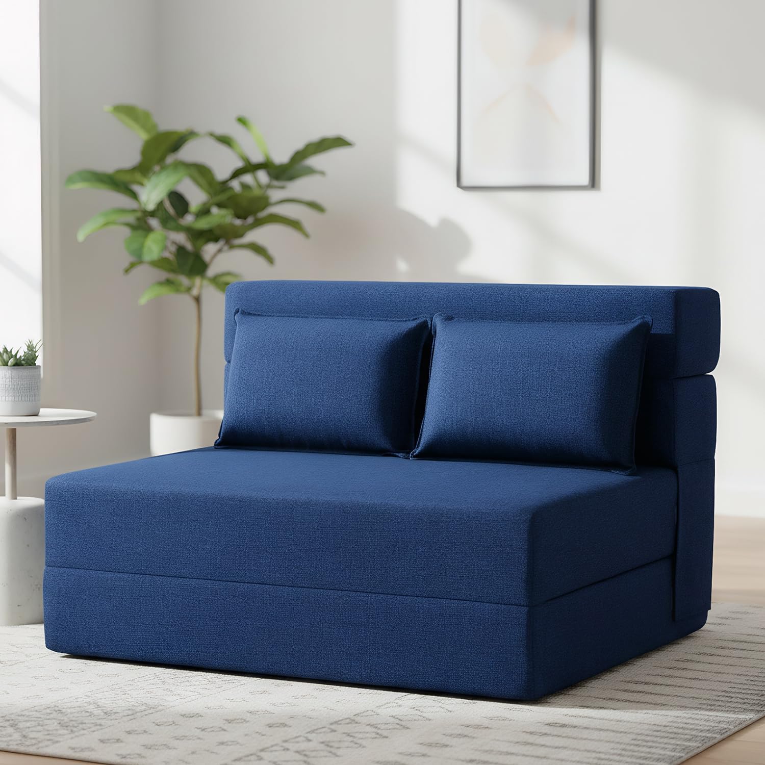 FILUXE Folding Sofa Bed | Convertible Sleeper Chair Bed for Adults, Fold Out Chair to Bed Linen Futon Chair with Pillow, for Home Dorm Apartment RV Living Room, Standard Size, Navy Blue