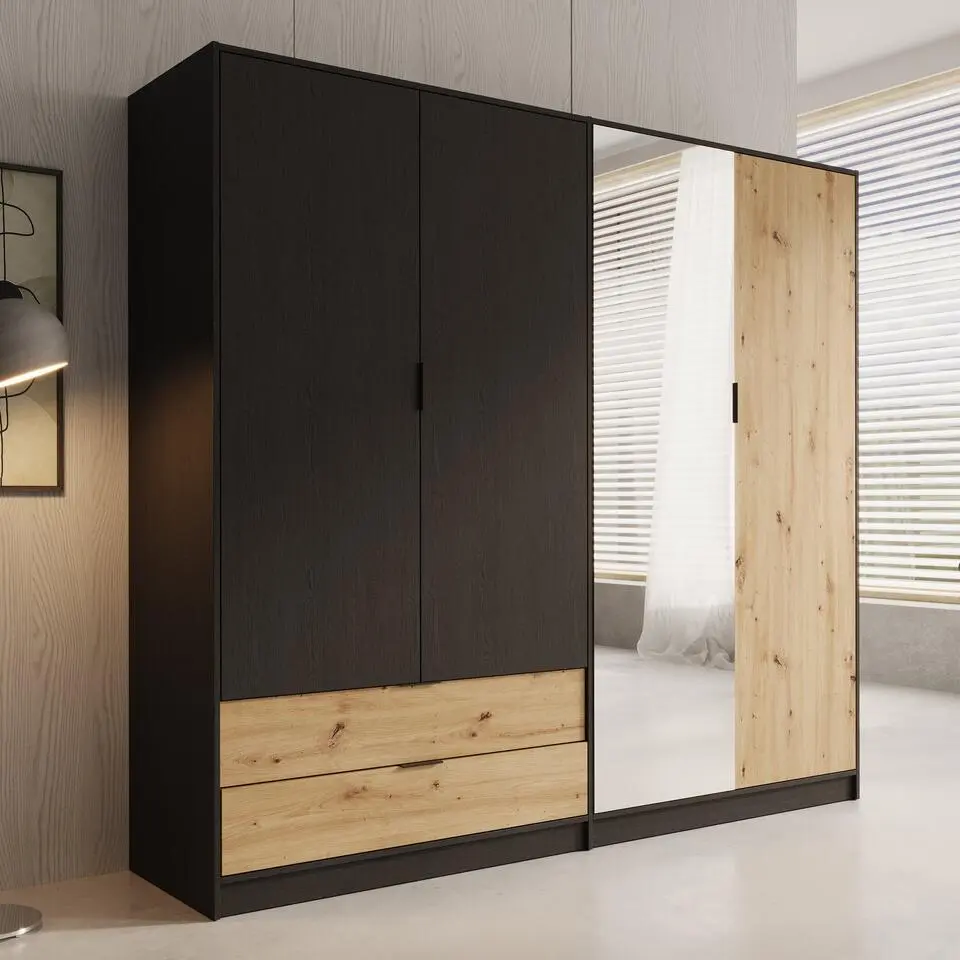 Meubella - Kledingkast Augustus - Zwart - 221 cm - Met spiegel