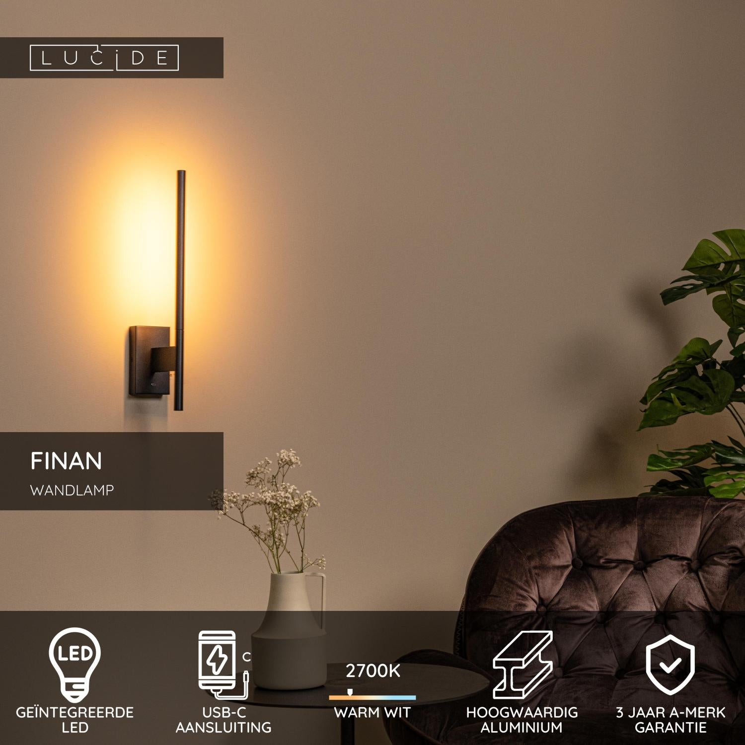 Lucide FINAN Wandlamp - Zwart